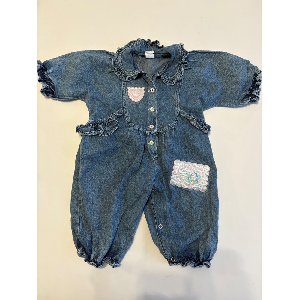 Vintage Infant 12M Acid Wash Denim Blue Jean Romper Ruffle Patch Cottage Heart